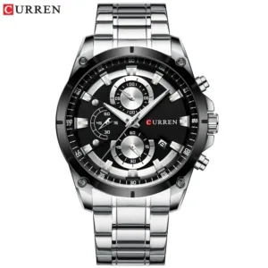 Mens Watch By CURREN With Automatic Date - Silver Black
