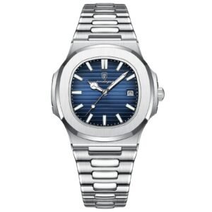 POEDAGAR Square Luxury Wristwatch For Men - Waterproof Luminous Date - Stainless Steel - Quartz - Silver Blue