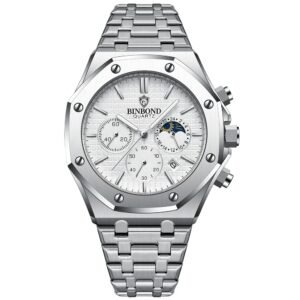 BINBOND Men's Stainless Steel Watch - Luminous, Date Calendar, Waterproof, Casual - Silver White