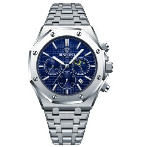 BINBOND Men's Stainless Steel Watch - Luminous, Date Calendar, Waterproof, Casual - Silver Blue