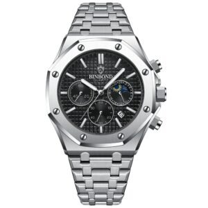 BINBOND Men's Stainless Steel Watch - Luminous, Date Calendar, Waterproof, Casual - Silver Black